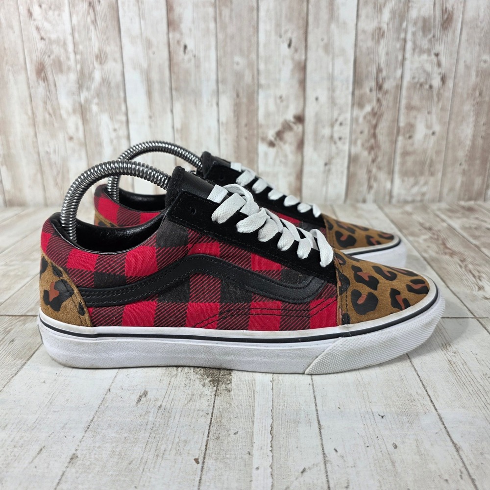 Vans Old Skool Red Buffalo Plaid Leopard Print Sneakers Womens 7.5 Mens 6.0